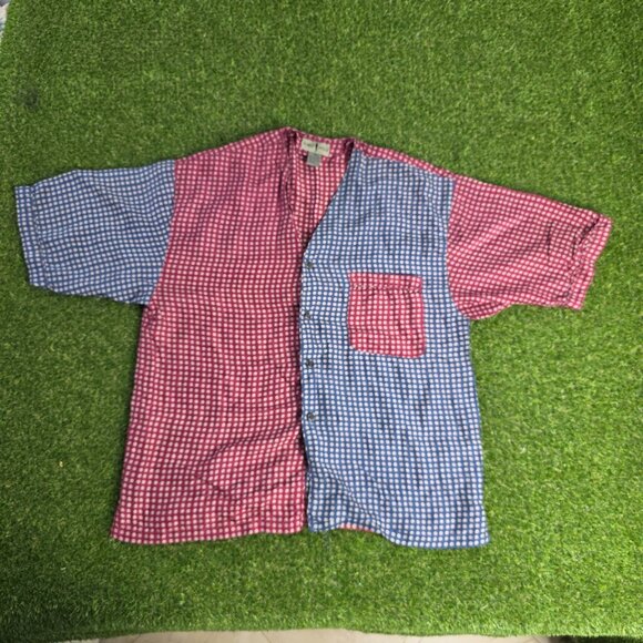 Robert Stock Shirt Men Medium red blue Button Down 100% Silk Crop Neck‎ - Picture 1 of 8